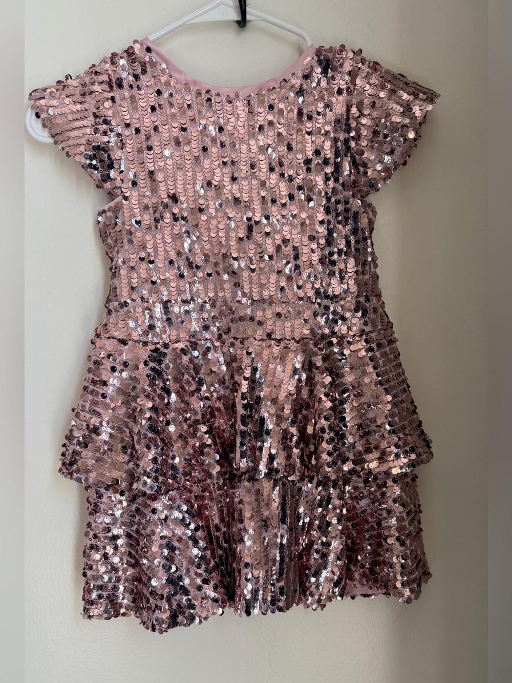 Bardot Junior Sequin Dress Rose Gold Pink Tiered Ruffle Cap Sleeve Girls SZ 6x 7